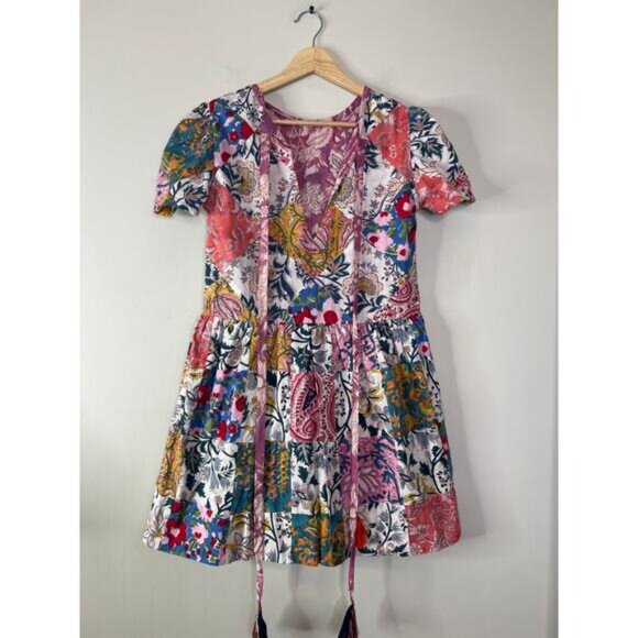 NEW Alix Of Bohemia Mila Patchwork Round Neck Tie Mini Dress Multi Color Size XS - Picture 4 of 8